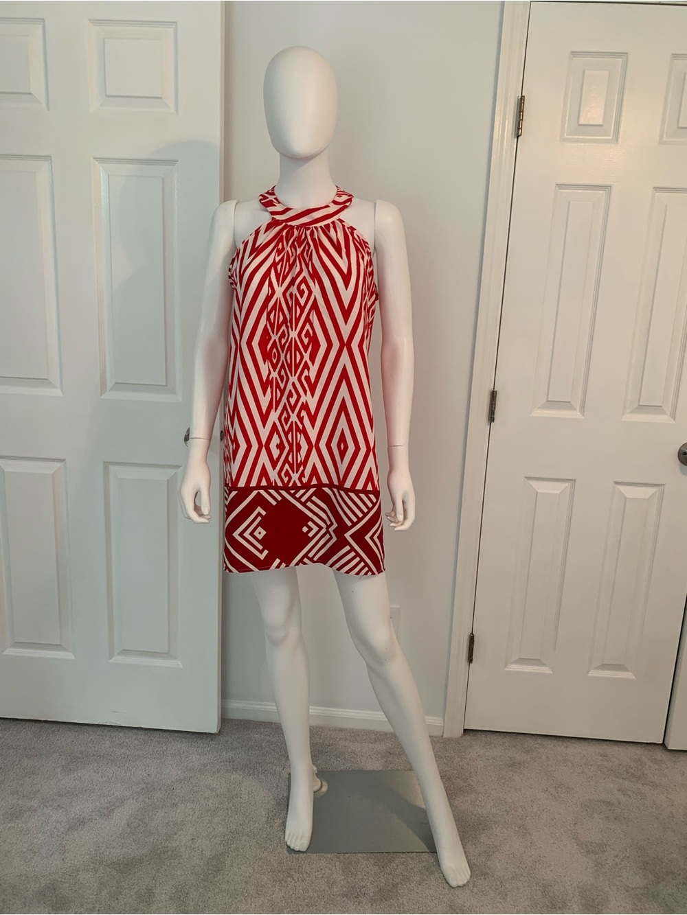 Red Geo-Print Halter Shift Dress